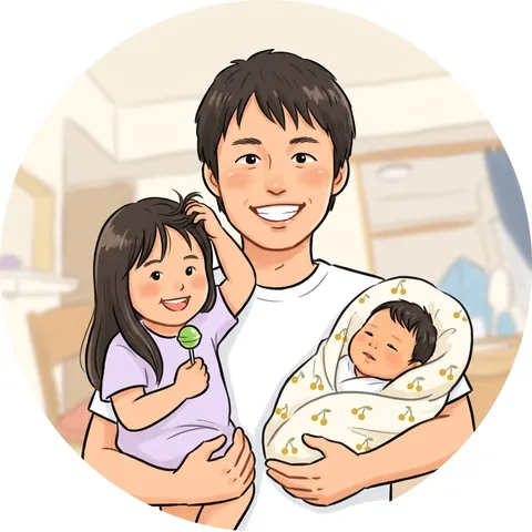 二人の子どもを抱いた父親の温かい家族イラスト