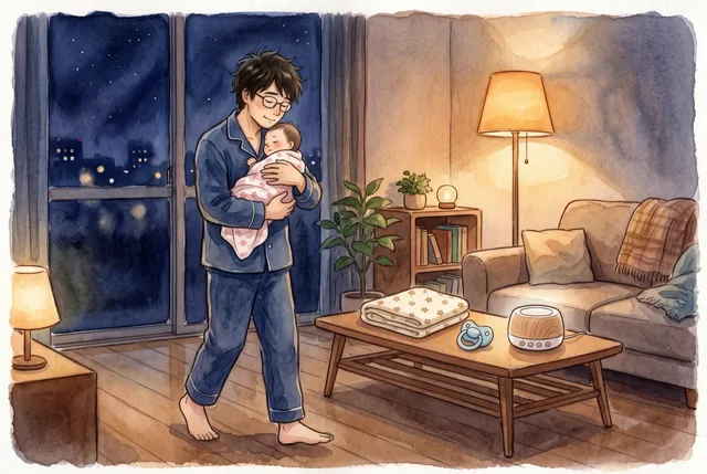 深夜のリビングで赤ちゃんを抱っこしてゆっくり歩くパジャマ姿の父親。ローテーブルにおくるみ・おしゃぶり・ホワイトノイズマシンが並ぶ（水彩イラスト）
