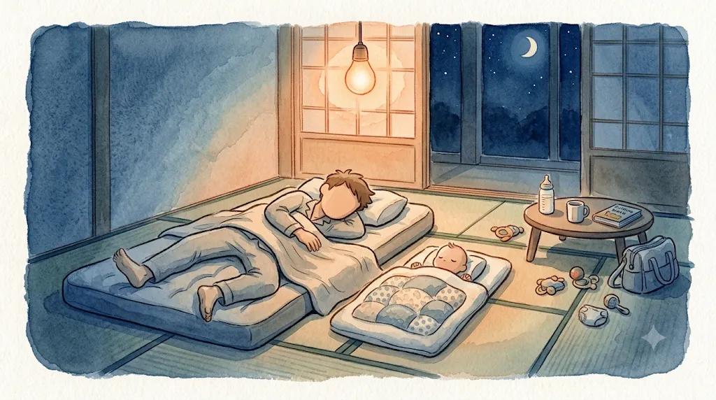 和室に敷いたエアーマットで力尽きて眠る父親と、隣のベビー布団で眠る赤ちゃん（温かい水彩風イラスト）