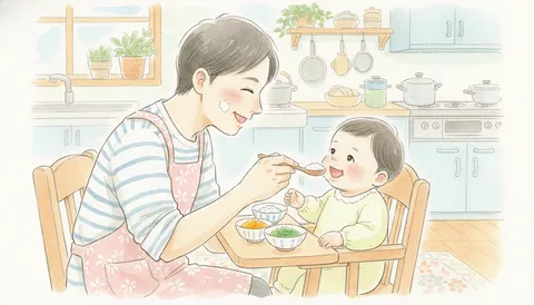 キッチンでハイチェアの赤ちゃんに離乳食をスプーンであげる、エプロン姿の親（水彩イラスト）
