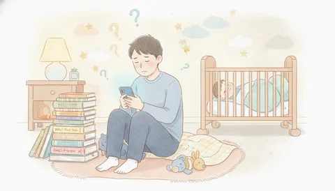 深夜スマホで検索する父（水彩イラスト）
