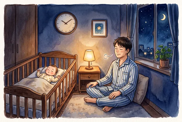 夜の寝室で、ベビーベッドにあおむけで眠る赤ちゃんのそばに座り、目を閉じて深呼吸するパジャマ姿の父親。壁に掛け時計（水彩イラスト）
