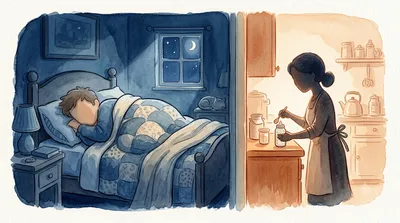 薄暗い寝室でぐっすり眠る父親と、隣の部屋でミルクを作る母親のシルエット（温かい水彩風イラスト）