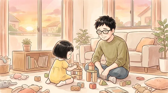 夕方のリビング。積み木に夢中の3歳の女の子と、床に座ってその様子を静かに見ている父親。窓の外は夕焼け（水彩イラスト）