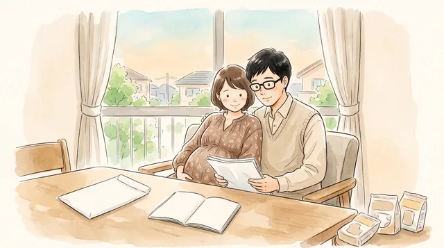窓辺のダイニングテーブルで、おなかの大きな妊婦と黒いメガネの父親が並んで座り、封筒から出した書類を一緒に読んでいる。テーブルには封筒と開いたノート、端のほうにおむつやミルクの試供品の袋がまとめて寄せてある（水彩イラスト）