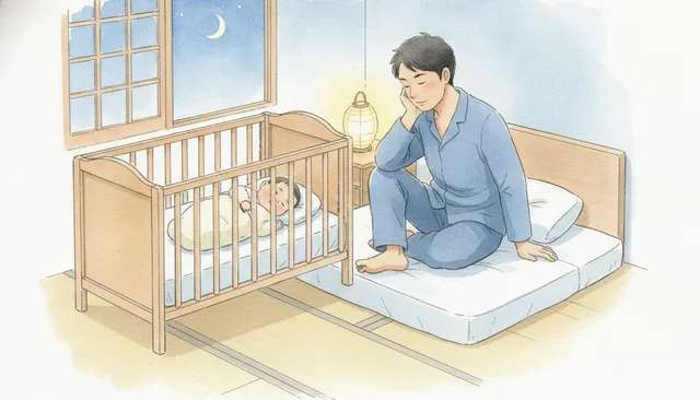 何も入れていないベビーベッドで仰向けに眠る赤ちゃんと、すぐ隣の布団から見守る父親（水彩イラスト）