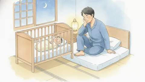 何も入れていないベビーベッドで仰向けに眠る赤ちゃんと、すぐ隣の布団から見守る父親（水彩イラスト）