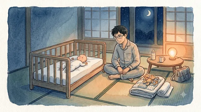 夜の和室。ベビーベッドの中は白いシーツだけで、赤ちゃんが仰向けに眠っている。ベッドのすぐ外の畳に、取り出したタオル・ぬいぐるみ・毛布が重ねて置かれ、その横で父親があぐらをかいてベッドの中を見ている（水彩イラスト）