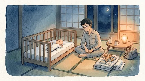 夜の和室。ベビーベッドの中は白いシーツだけで、赤ちゃんが仰向けに眠っている。ベッドのすぐ外の畳に、取り出したタオル・ぬいぐるみ・毛布が重ねて置かれ、その横で父親があぐらをかいてベッドの中を見ている（水彩イラスト）