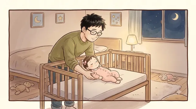 夜の寝室で、眠った赤ちゃんを平坦なベビーベッドにそっと下ろす父親。壁には月と星の絵、窓の外は三日月（水彩イラスト）