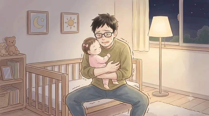 深夜のリビングで、赤ちゃんを抱っこしたまま疲れ切った表情で座り込む父親（水彩イラスト）
