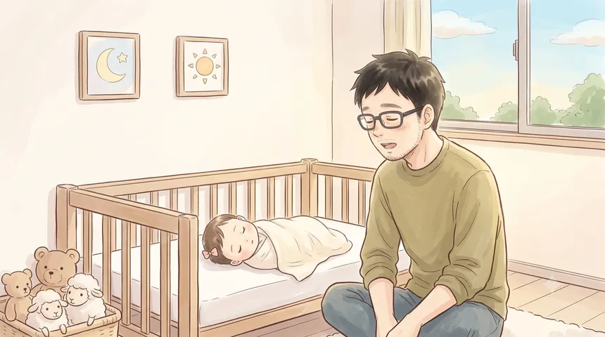 昼間の寝室で、薄い布におくるみされ仰向けで眠る赤ちゃんと、ベビーベッドのそばで小さく子守歌を歌う父親(水彩イラスト)
