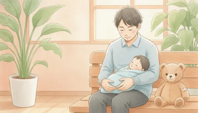 小児科の待合室で眠る赤ちゃんを抱く父親と、腕に絆創膏を貼ったテディベア（水彩イラスト）