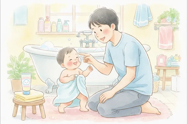 お風呂上がりに、笑う赤ちゃんの頬へ指先でクリームを塗る父親（水彩イラスト）