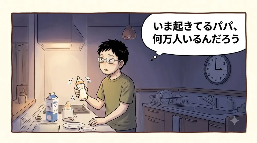 1コマ漫画。午前3時、薄暗い台所で哺乳瓶を振りながら壁を見つめる父。「いま起きてるパパ、何万人いるんだろう」