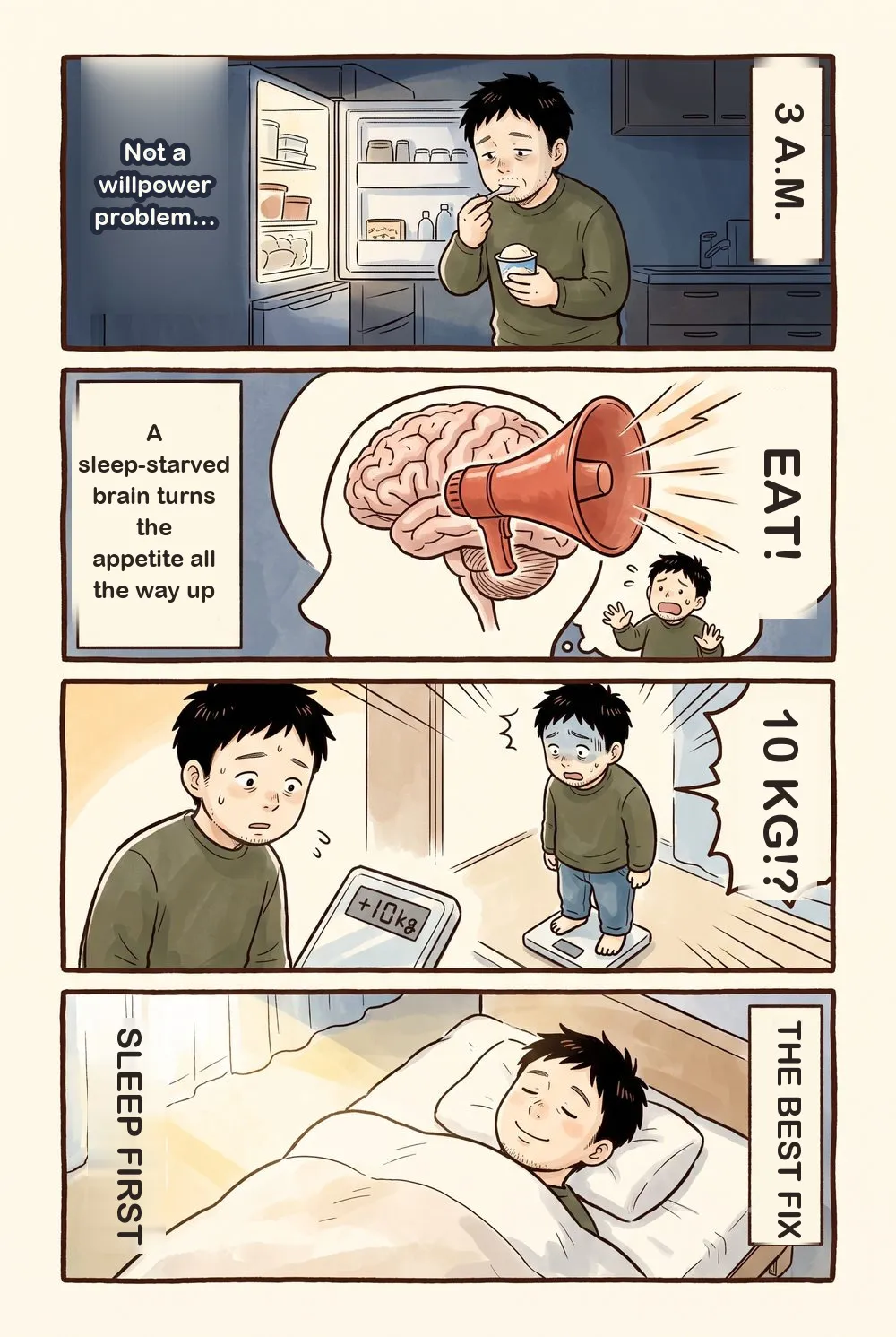 4-panel comic. At 3 a.m. a father eats ice cream in front of the open fridge — “not a willpower problem”. A sleep-starved brain shouts EAT through a megaphone. The scale says ten kilos. The best fix: sleep first.