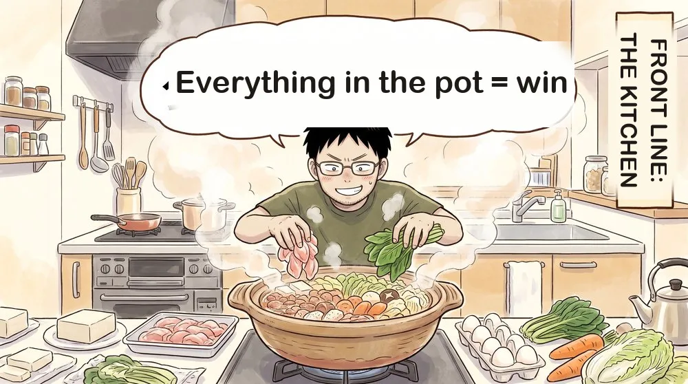 1-panel comic. A father in the kitchen dropping meat and vegetables into an enormous hot pot. The caption reads “Everything in the pot = win”, with a side label: “Front line: the kitchen”.