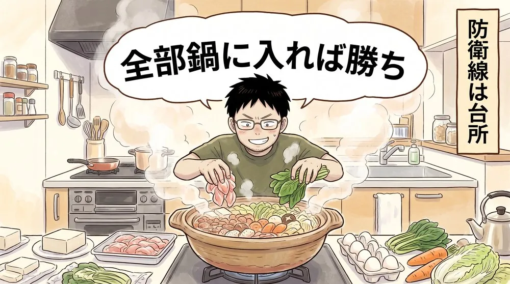 1コマ漫画。台所で大きな鍋に肉と野菜を次々に入れる父。「全部鍋に入れれば勝ち」