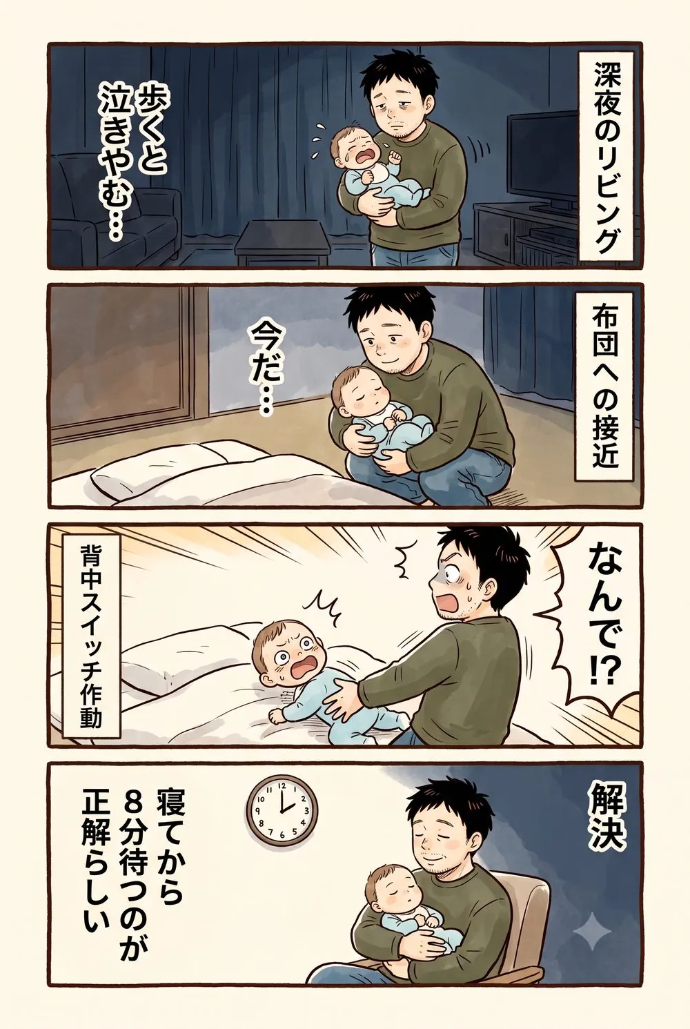 4コマ漫画。深夜に赤ちゃんを抱いて歩く父。寝たので布団に置くと大泣き。座って8分待つのが正解だった。