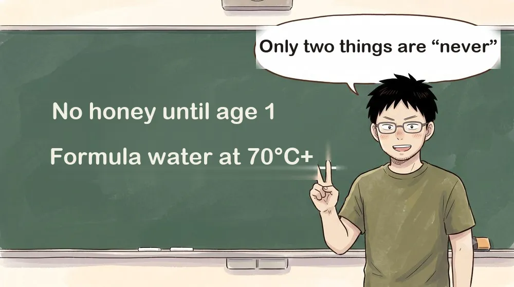 1-panel comic. A father standing in front of a blackboard. The board has only two lines written on it: “No honey until age 1” and “Formula water at 70°C+”.
