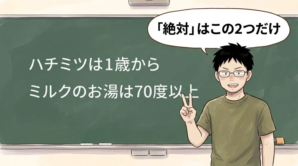 1コマ漫画。黒板の前に立つ父。黒板には「ハチミツは1歳から」「ミルクのお湯は70度以上」の2行だけ。