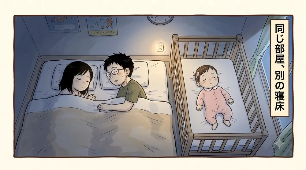 1コマ漫画。親の布団の隣にベビーベッド。中は固いマットだけで、赤ちゃんが仰向けに寝ている。