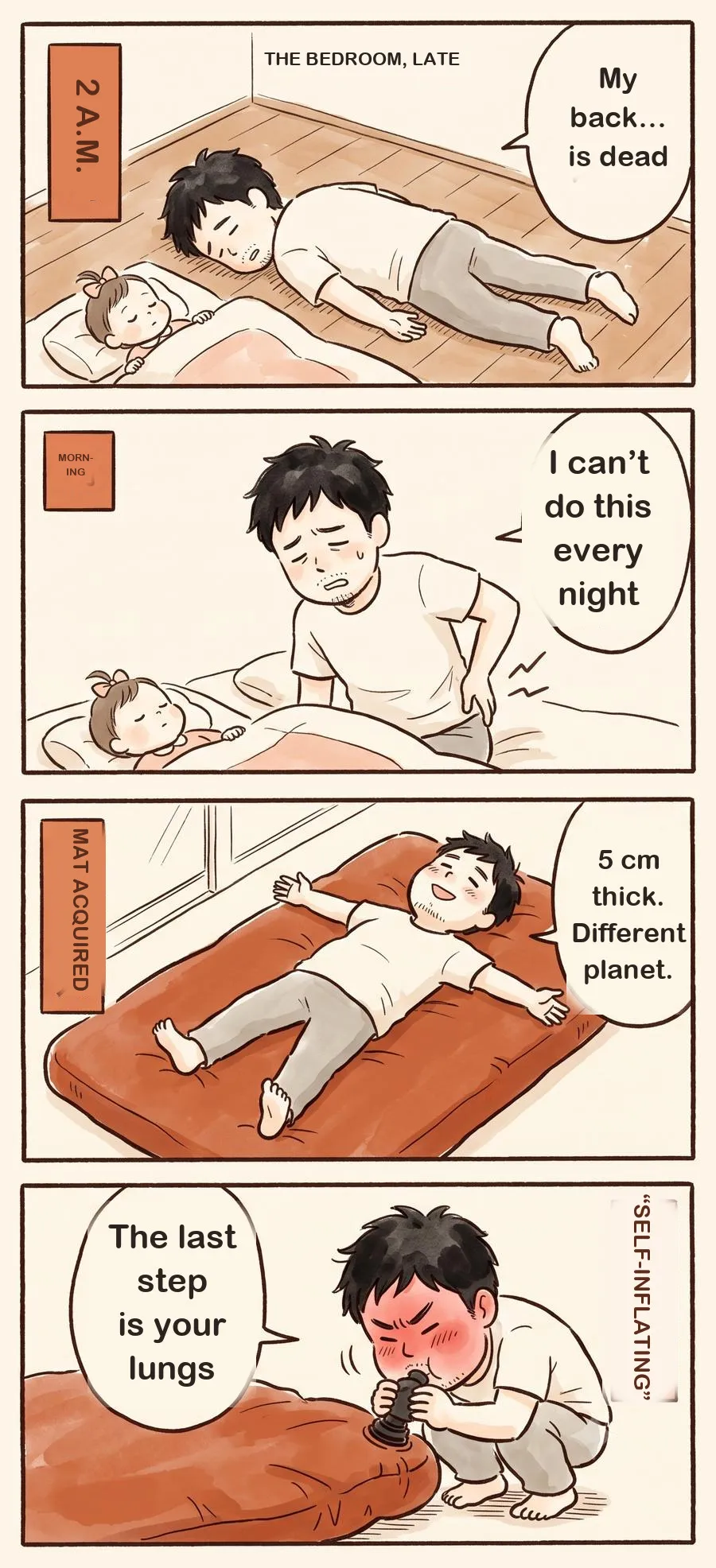 4-panel comic. At 2 a.m. the father wrecks his back after falling asleep on the floor at bedtime. A 5cm air mattress changes everything — until the last of the inflating turns out to be his own lungs.